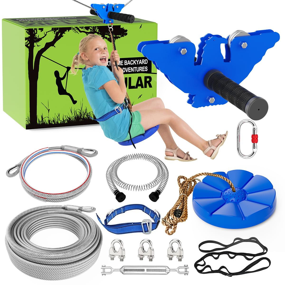 X XBEN 120ft zip line kit in a sunny backyard for safe family fun