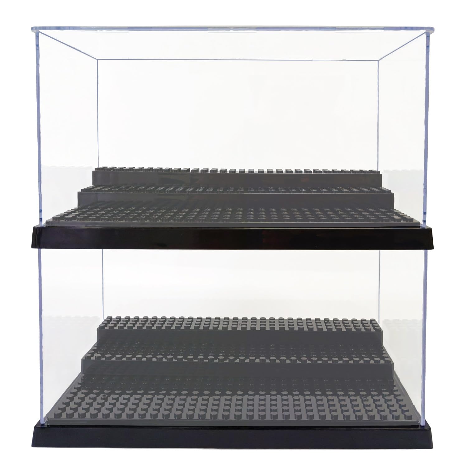X XIN·SHI minifigure display case with black base highlights figures while protecting them.