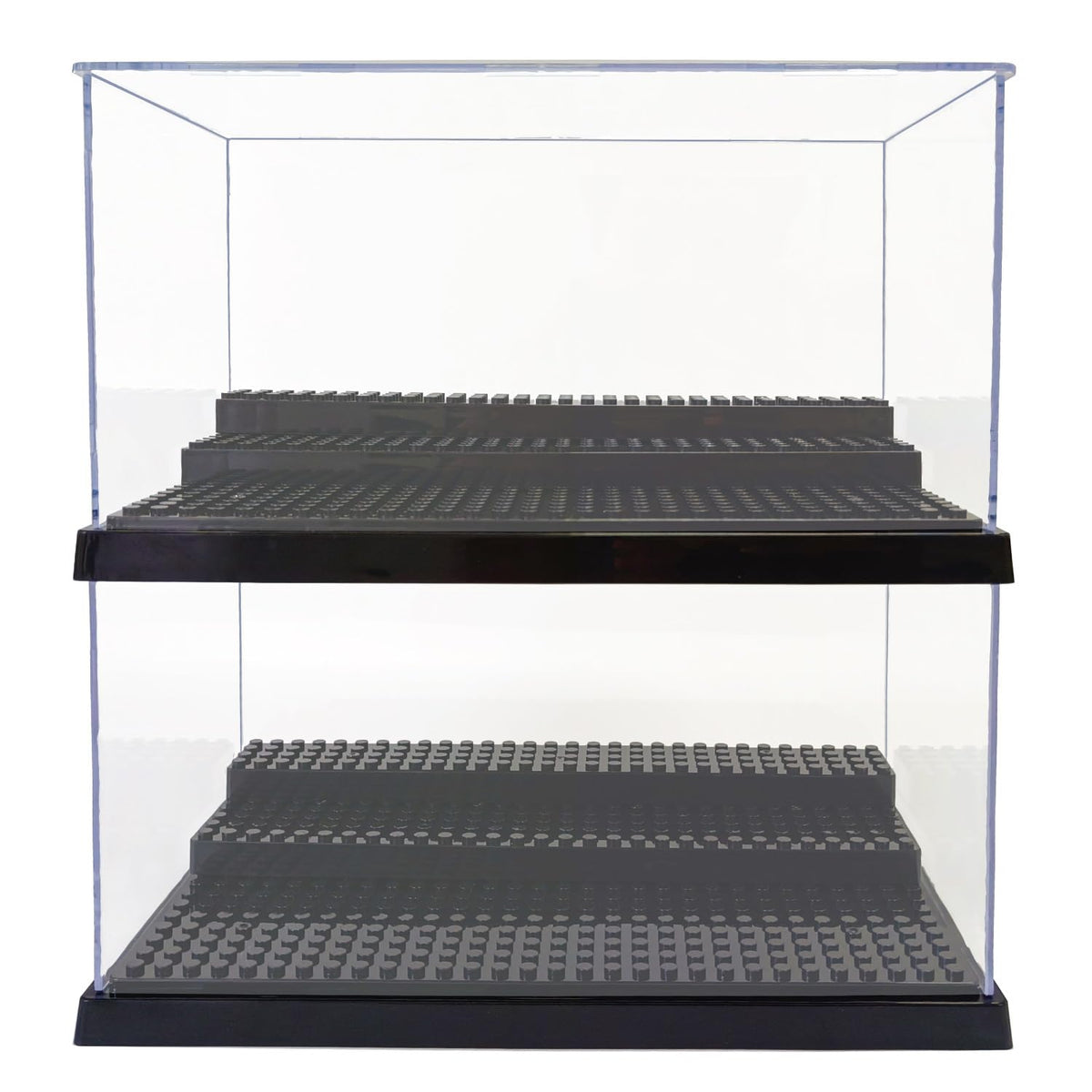 X XIN·SHI minifigure display case with black base highlights figures while protecting them.