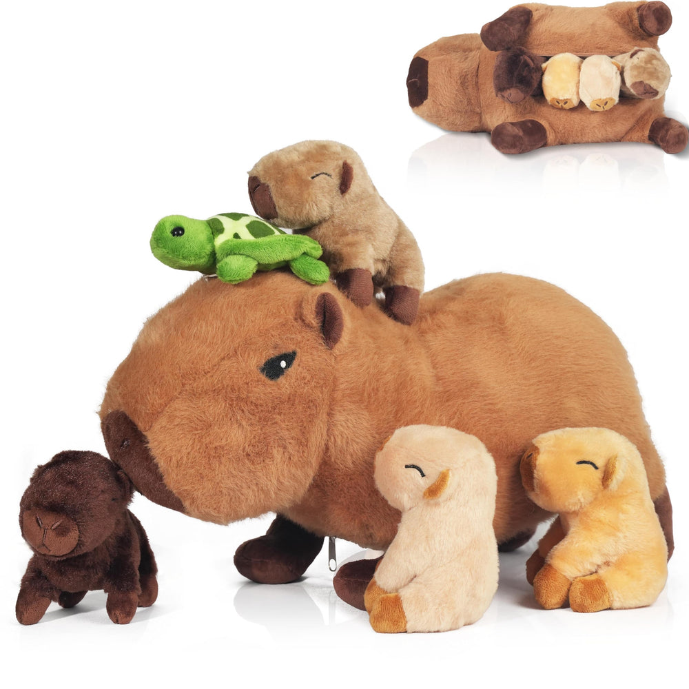 XYHQYB Capybara mommy plush with babies 14in, soft and comforting for bedtime hugs.