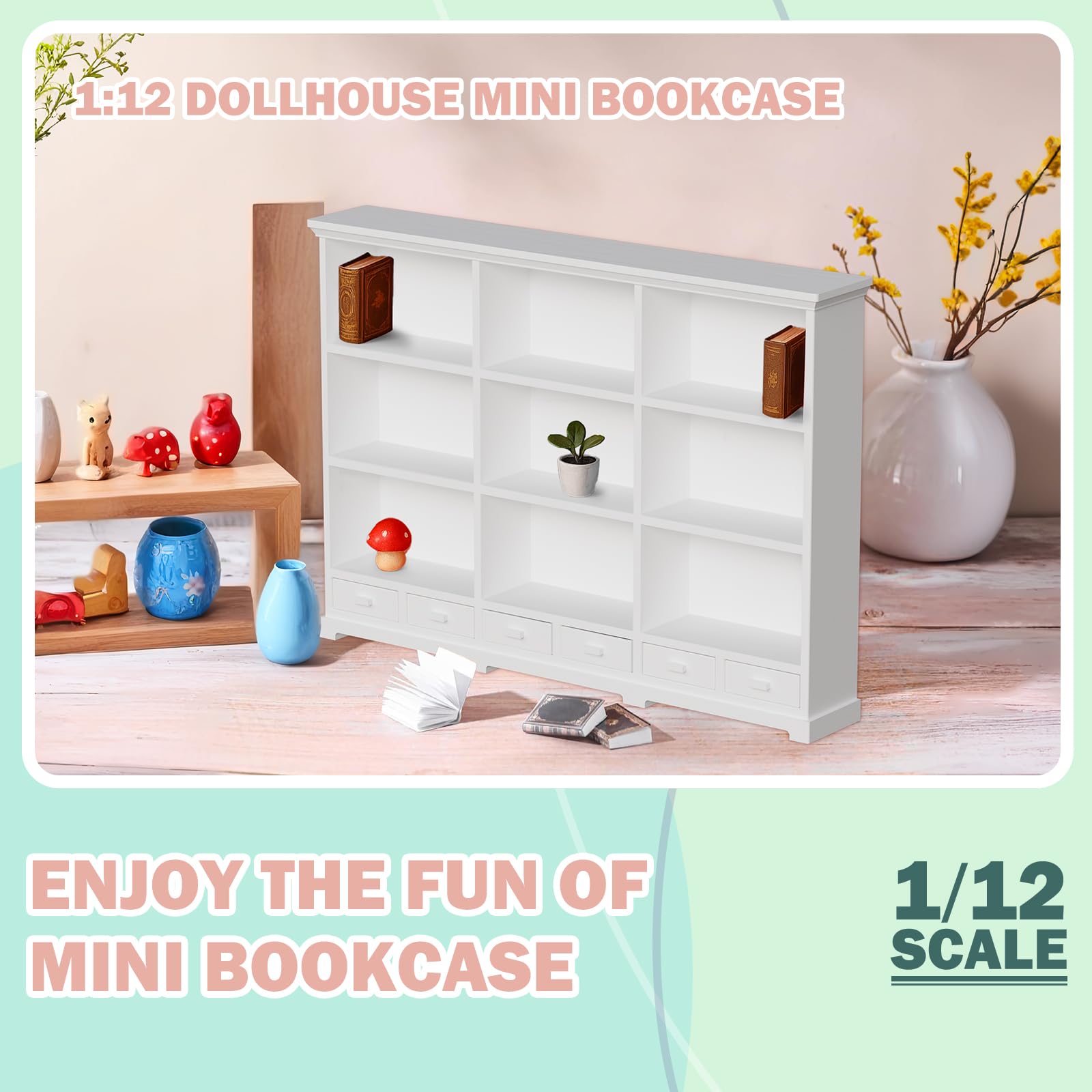 XYMTOY bookshelf showing mini books and drawer storage for organized display