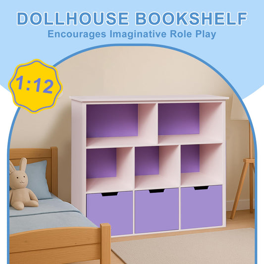 XYMTOY dollhouse bookshelf with open cabinet doors for display and organization.