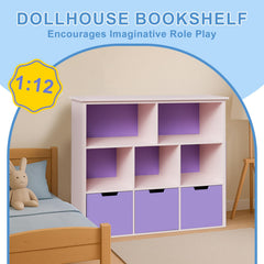 XYMTOY dollhouse bookshelf with open cabinet doors for display and organization.