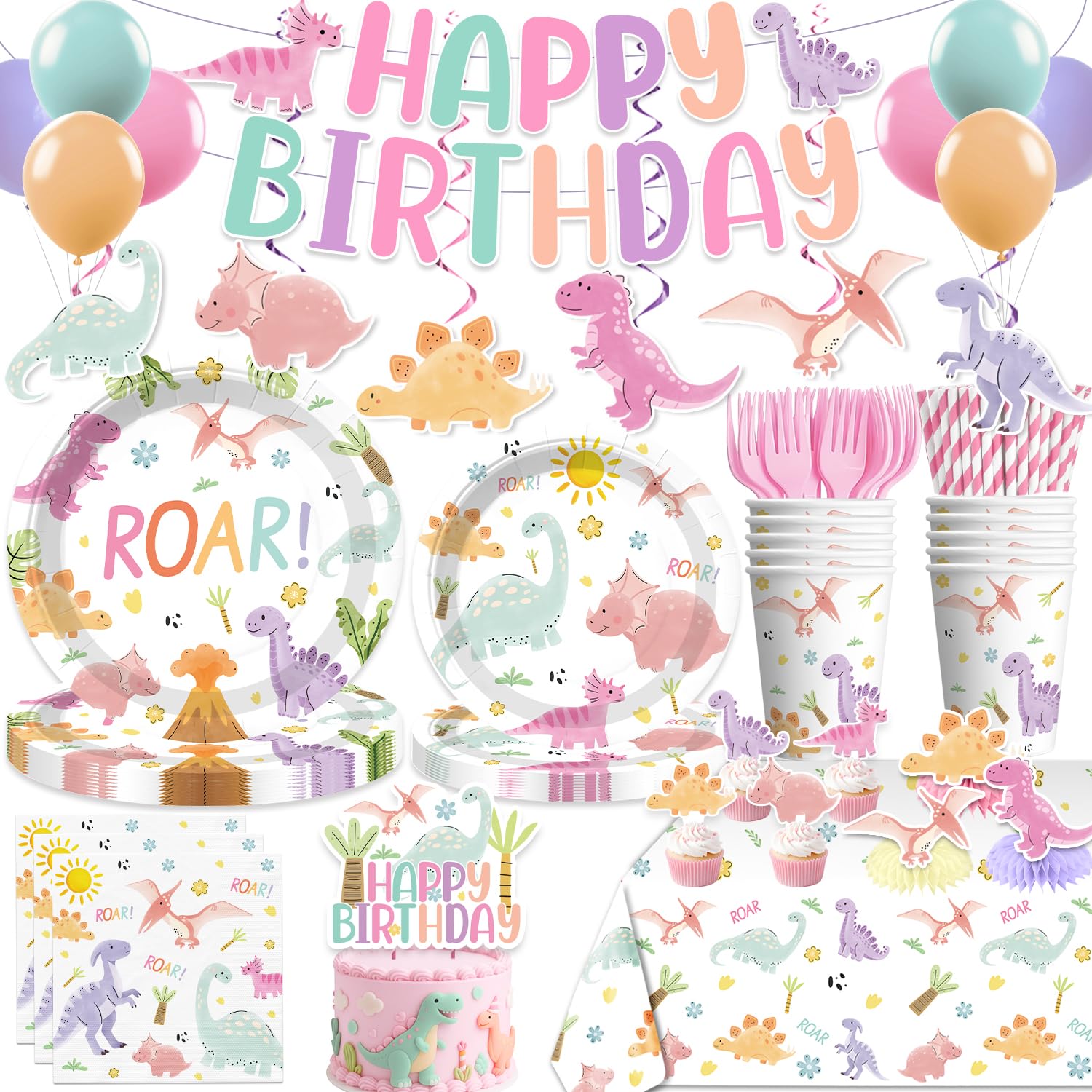 Xynic pastel dinosaur banner enhances the party backdrop with whimsy and color.