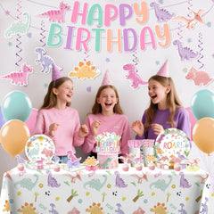 Xynic pastel dinosaur table cloth ties the theme together and eases cleanup.