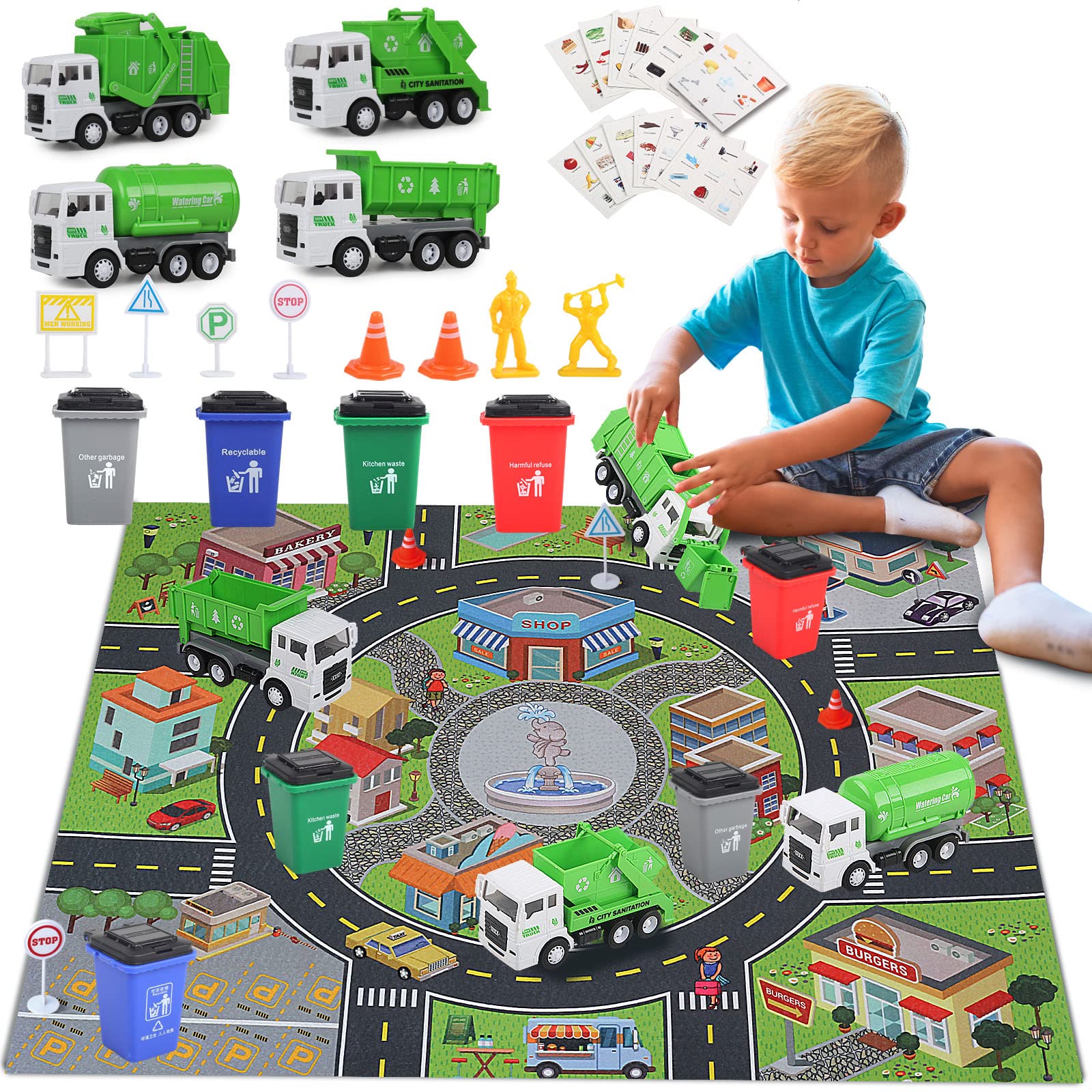 Y.L. DOYMX garbage truck play mat overview for imaginative play