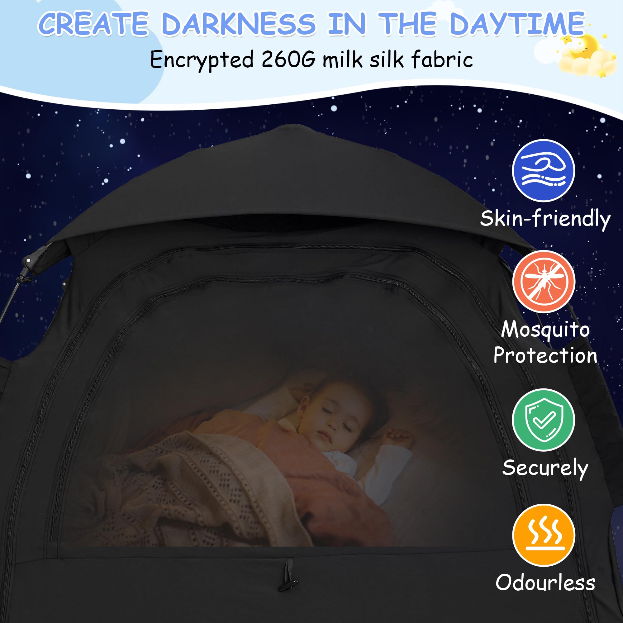 YABORAS pack n play tent features large 3D air holes for breathable comfort.