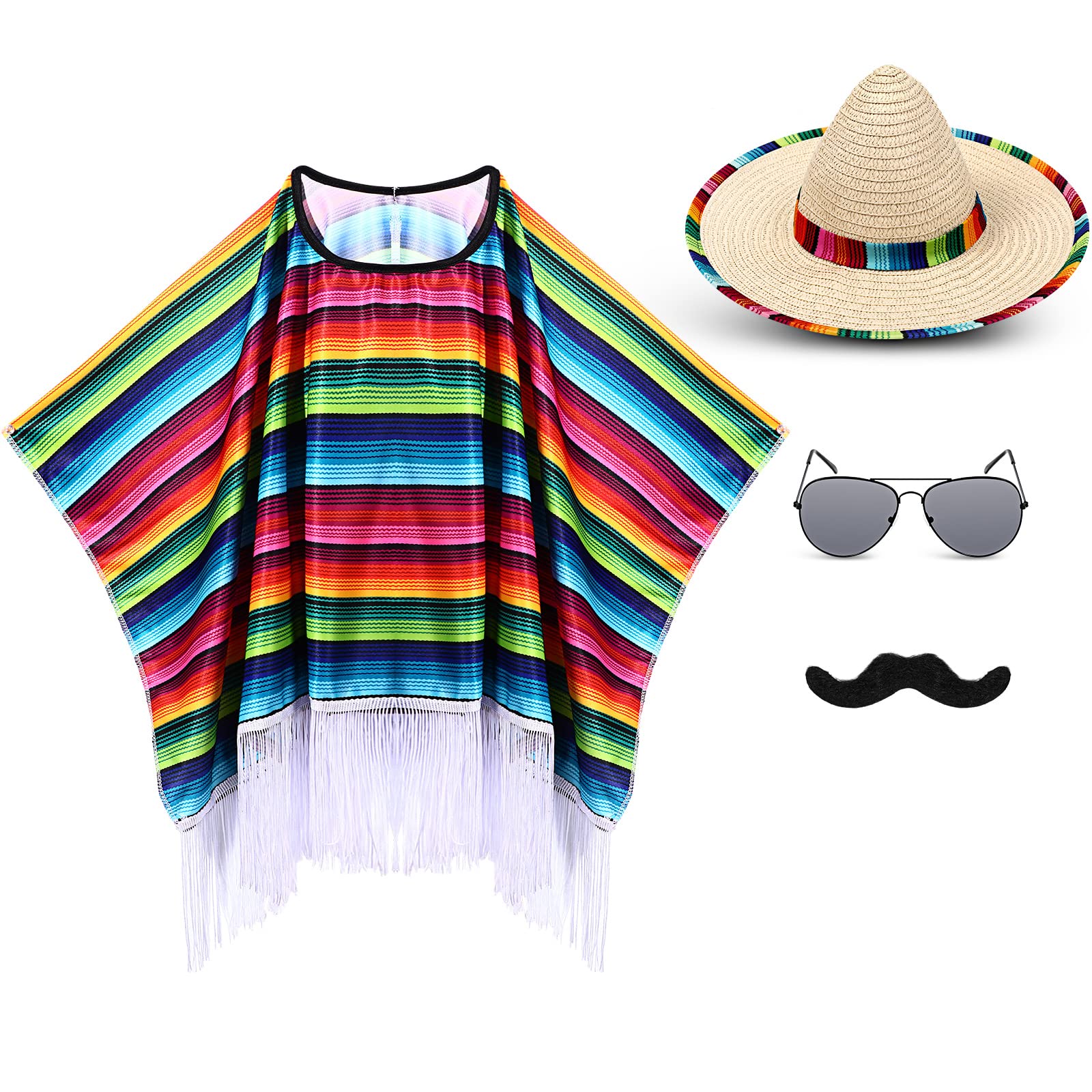 Yahenda Mexican serape poncho with rainbow edge for festive styling.