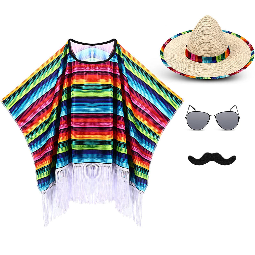 Yahenda Mexican serape poncho with rainbow edge for festive styling.
