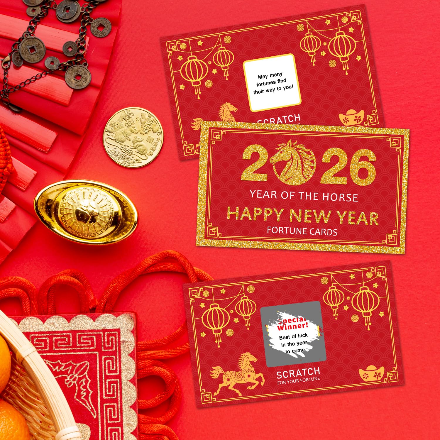 Yangmics Direct close-up shows golden text on red background evoking traditional fortune wishes