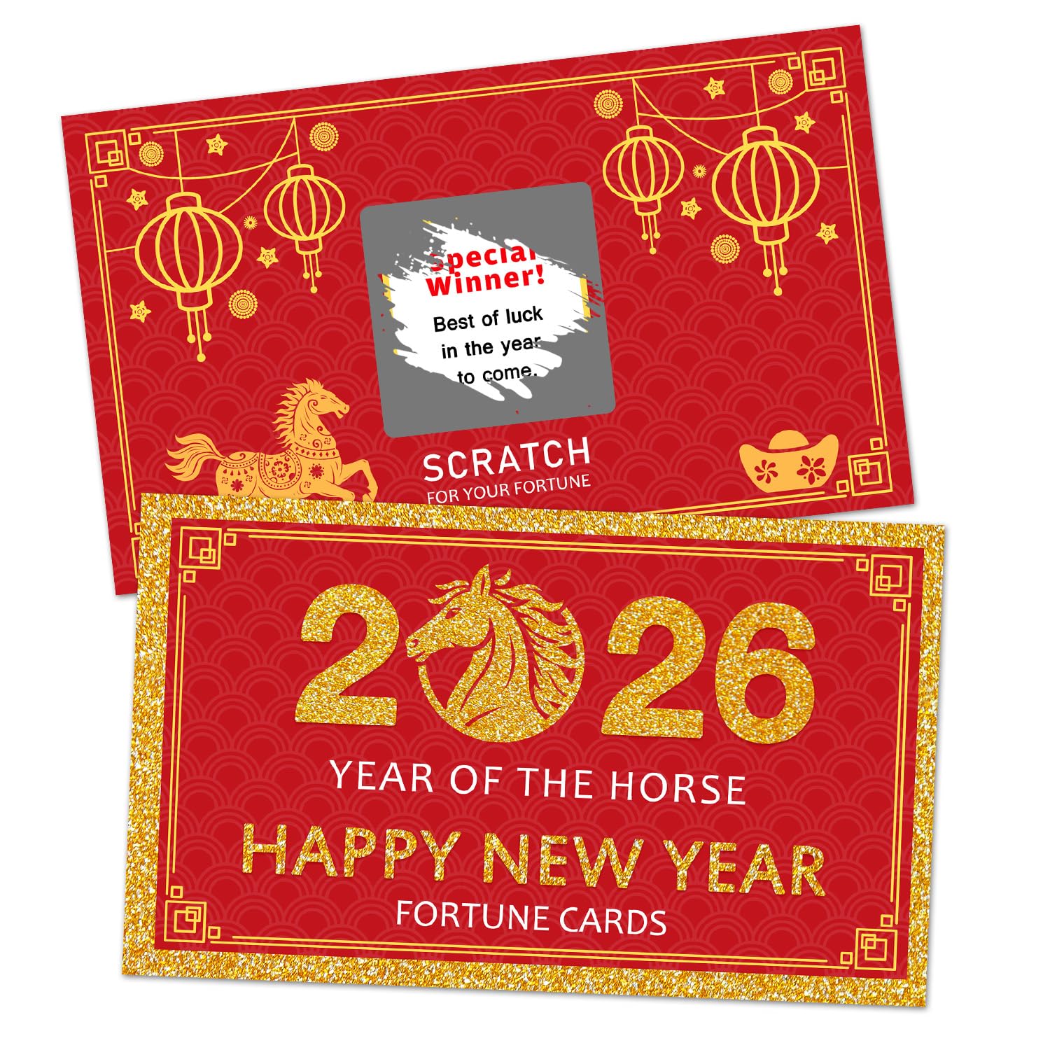 Yangmics Direct Year of the Horse scratch-off cards in red and gold for celebrations