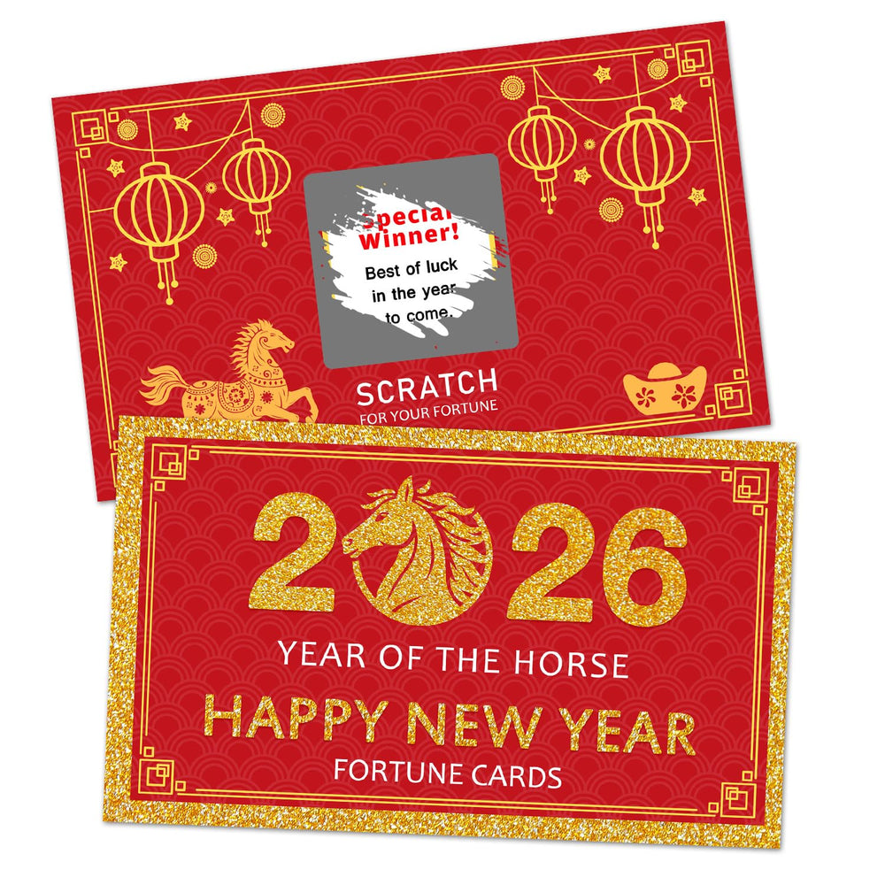 Yangmics Direct Year of the Horse scratch-off cards in red and gold for celebrations