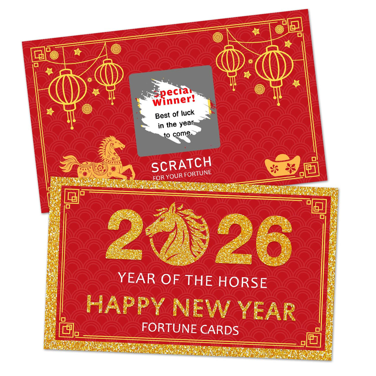 Yangmics Direct Year of the Horse scratch-off cards in red and gold for celebrations