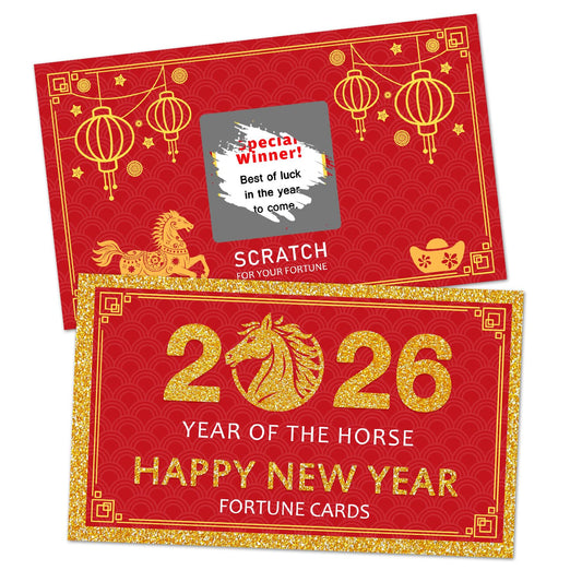 Yangmics Direct Year of the Horse scratch-off cards in red and gold for celebrations