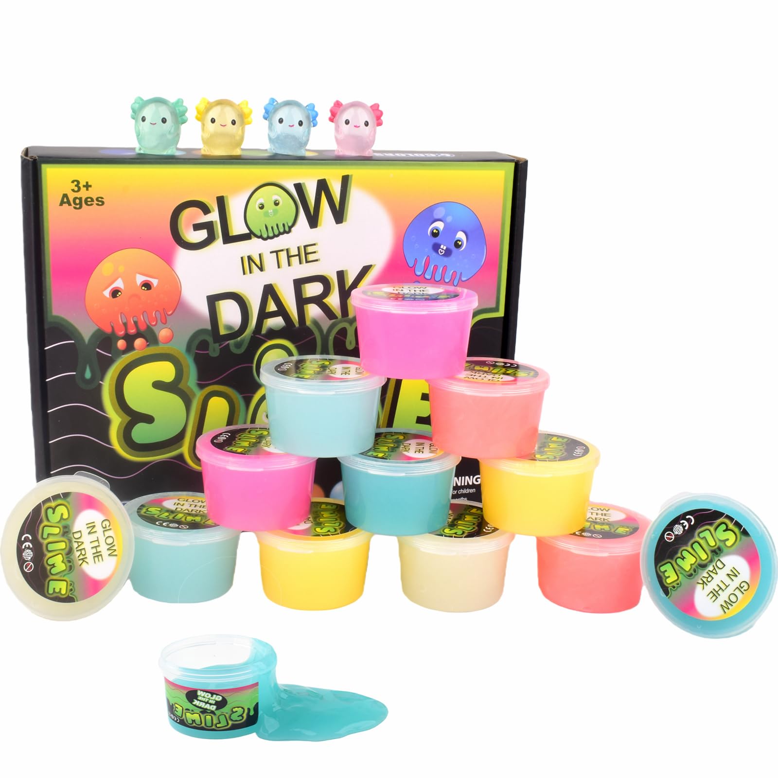 Yaobilei glow-in-the-dark slime kit with axolotl charms for vibrant nighttime play.