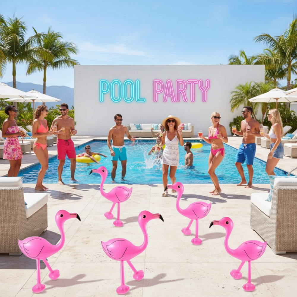 Yaomiao flamingos, six-pack, easy to inflate for quick party setup.