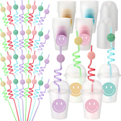 Yaomiao smile face cups with dome lids for mess-free sipping at parties.