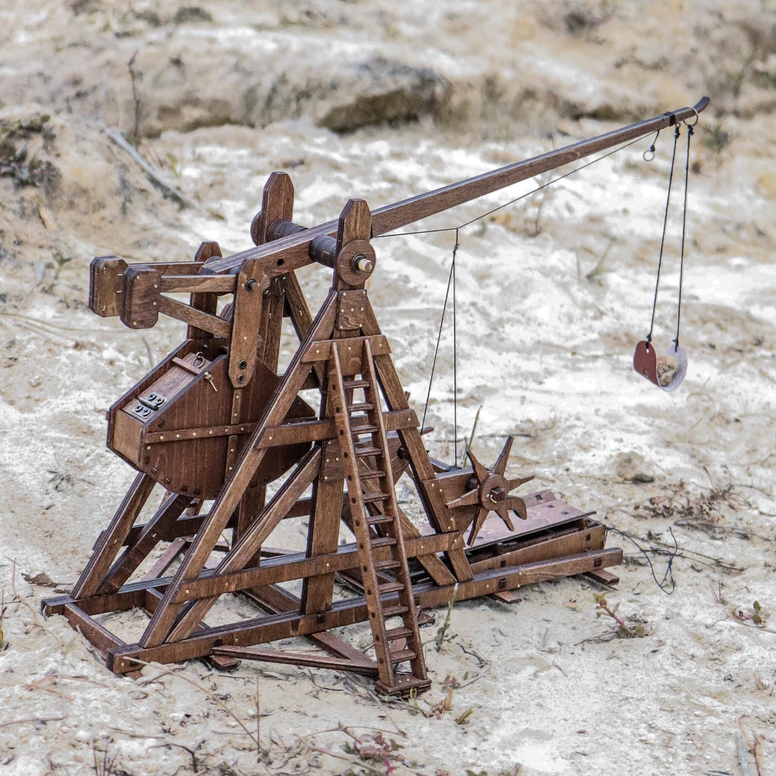 YAQUMW trebuchet front view highlighting wooden craftsmanship