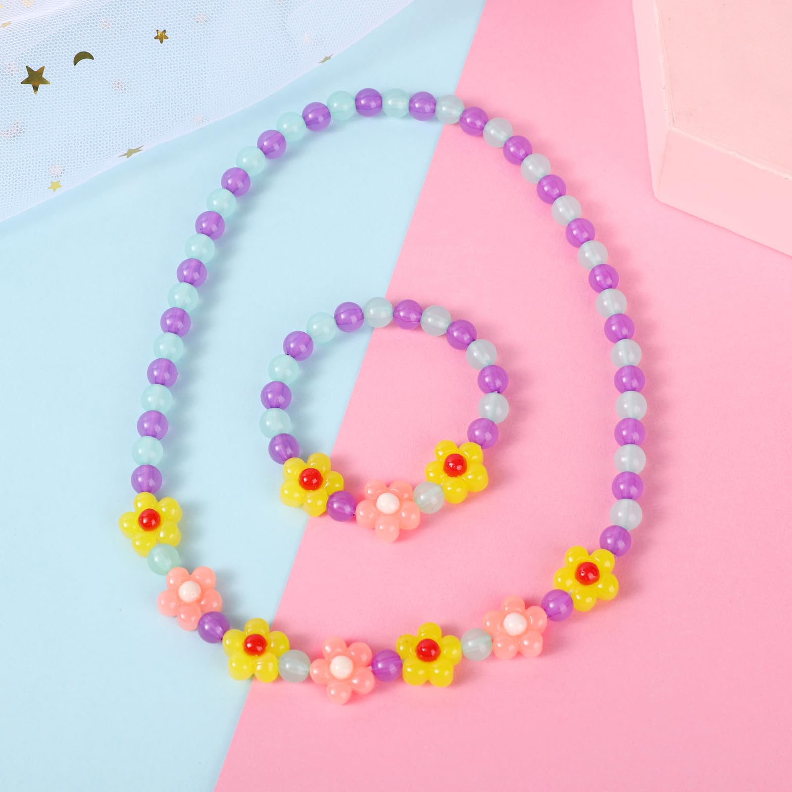 Close-up of colorful Yarkeuier flower beads used in dress-up jewelry