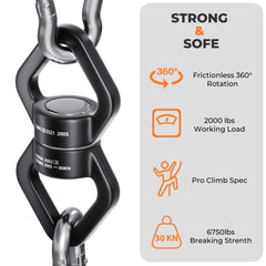 YARKOR Swing Swivel in-use hanging demonstrates smooth 360 rotation for tangle-free setups.