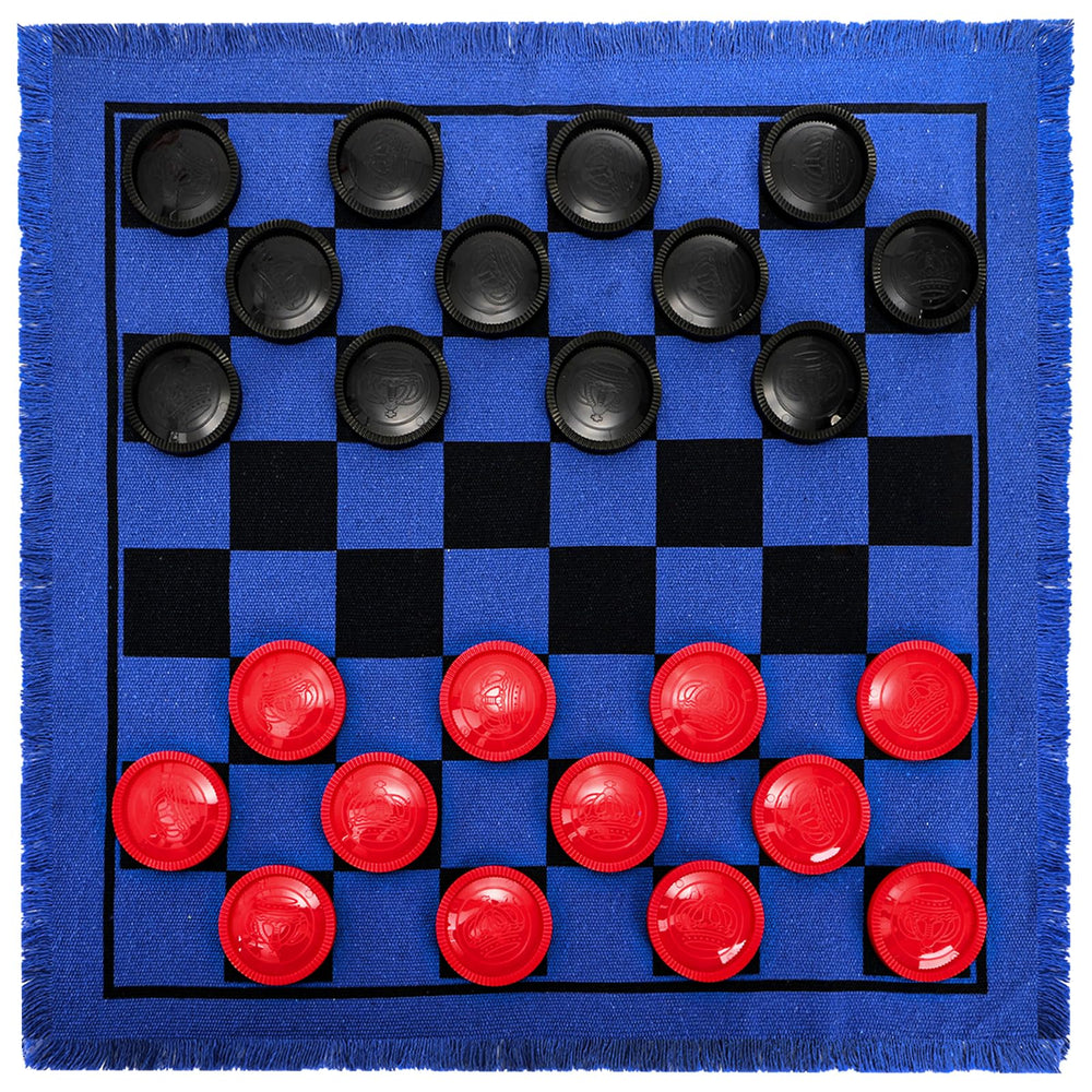Yarlung blue reversible rug with Tic Tac Toe side for fast rounds.