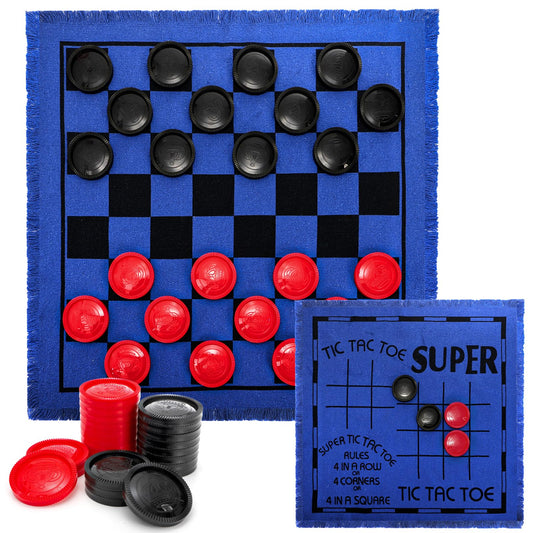 Yarlung giant checkers board on blue rug for outdoor family play.