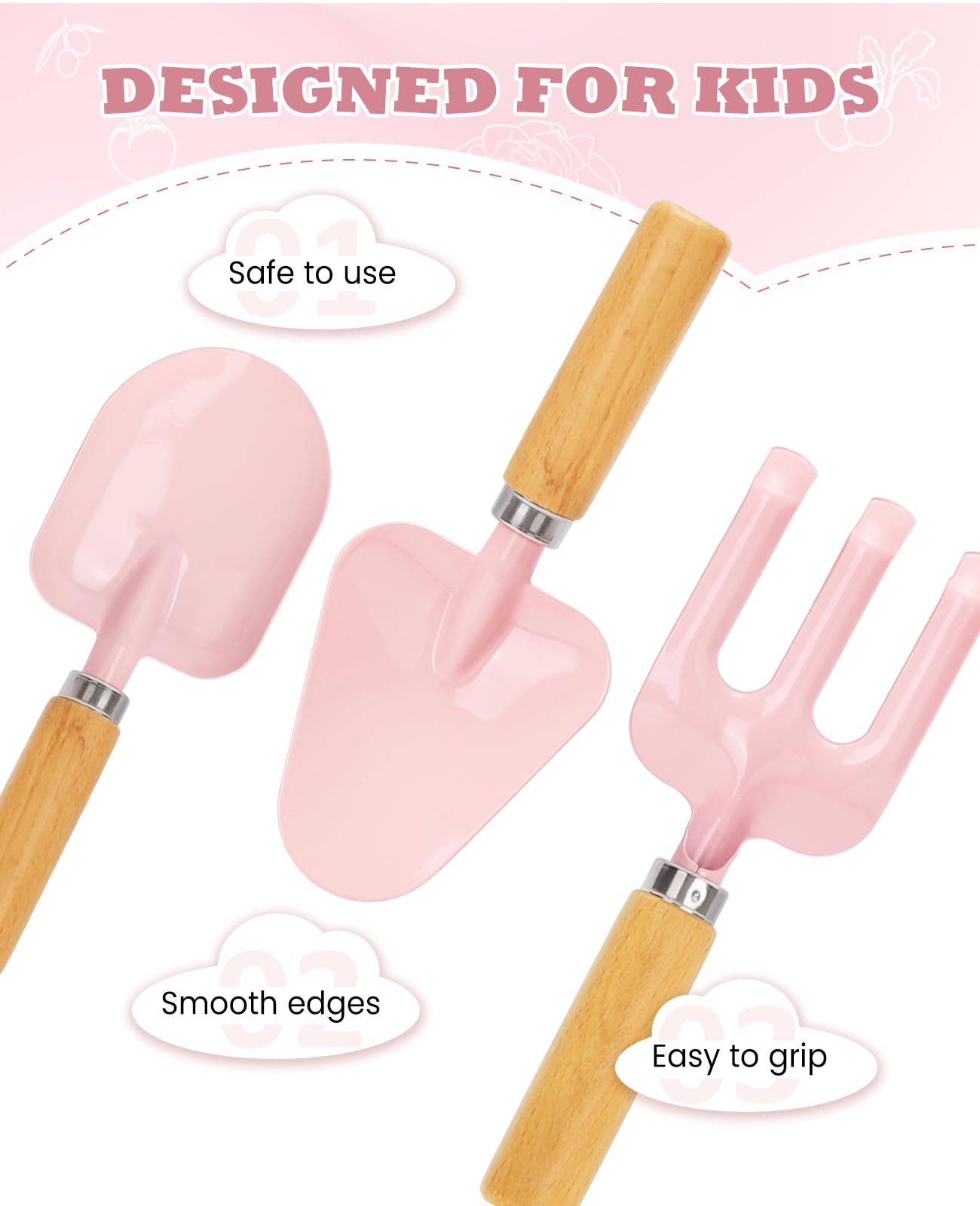 YAUNGEL kids gardening set shovels image highlighting sturdy handles for little diggers