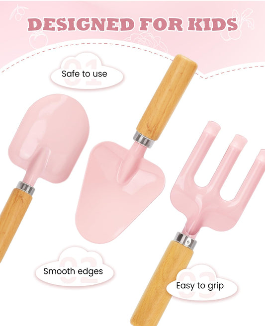 YAUNGEL kids gardening set shovels image highlighting sturdy handles for little diggers