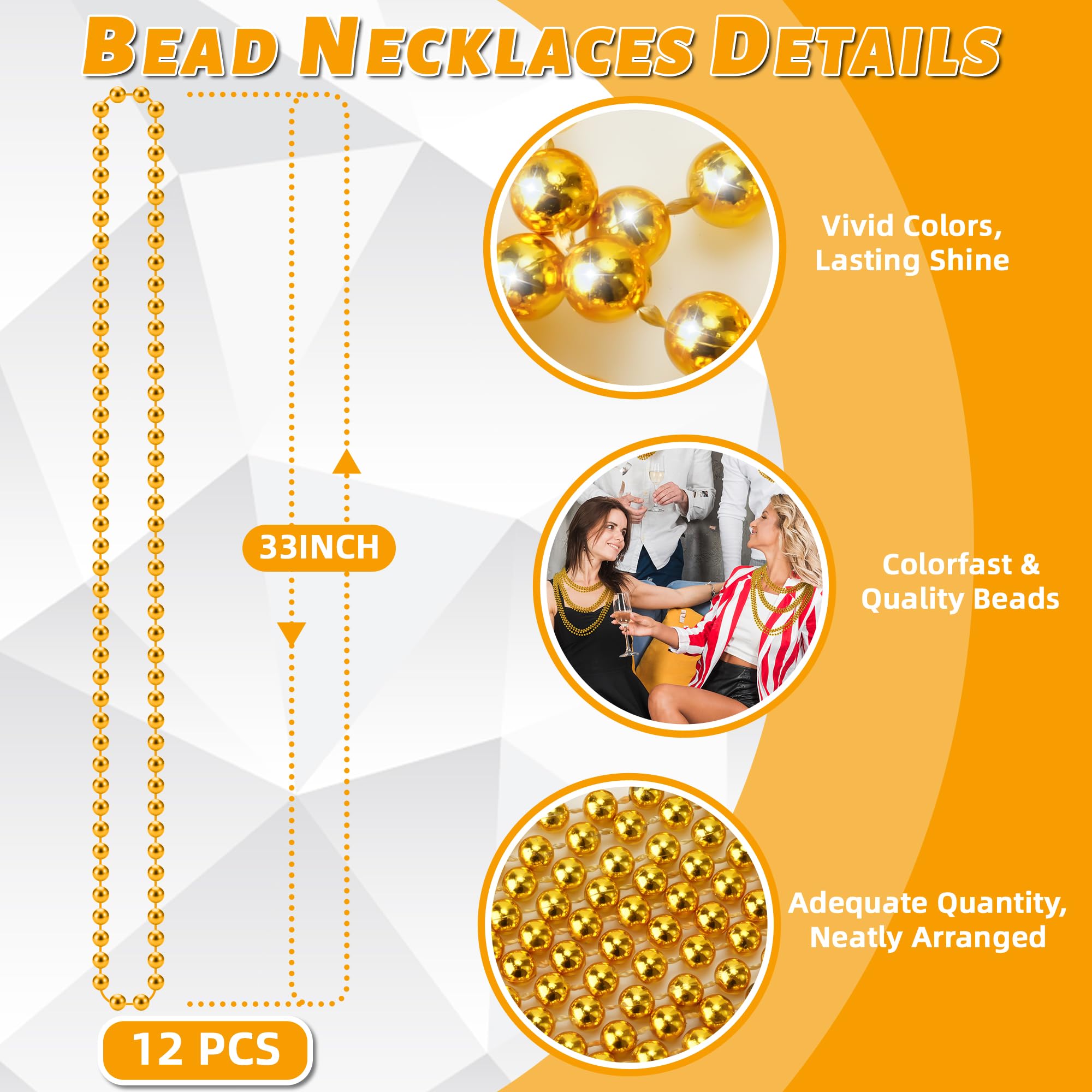 Gold bead necklaces for party favors and decorative accents.