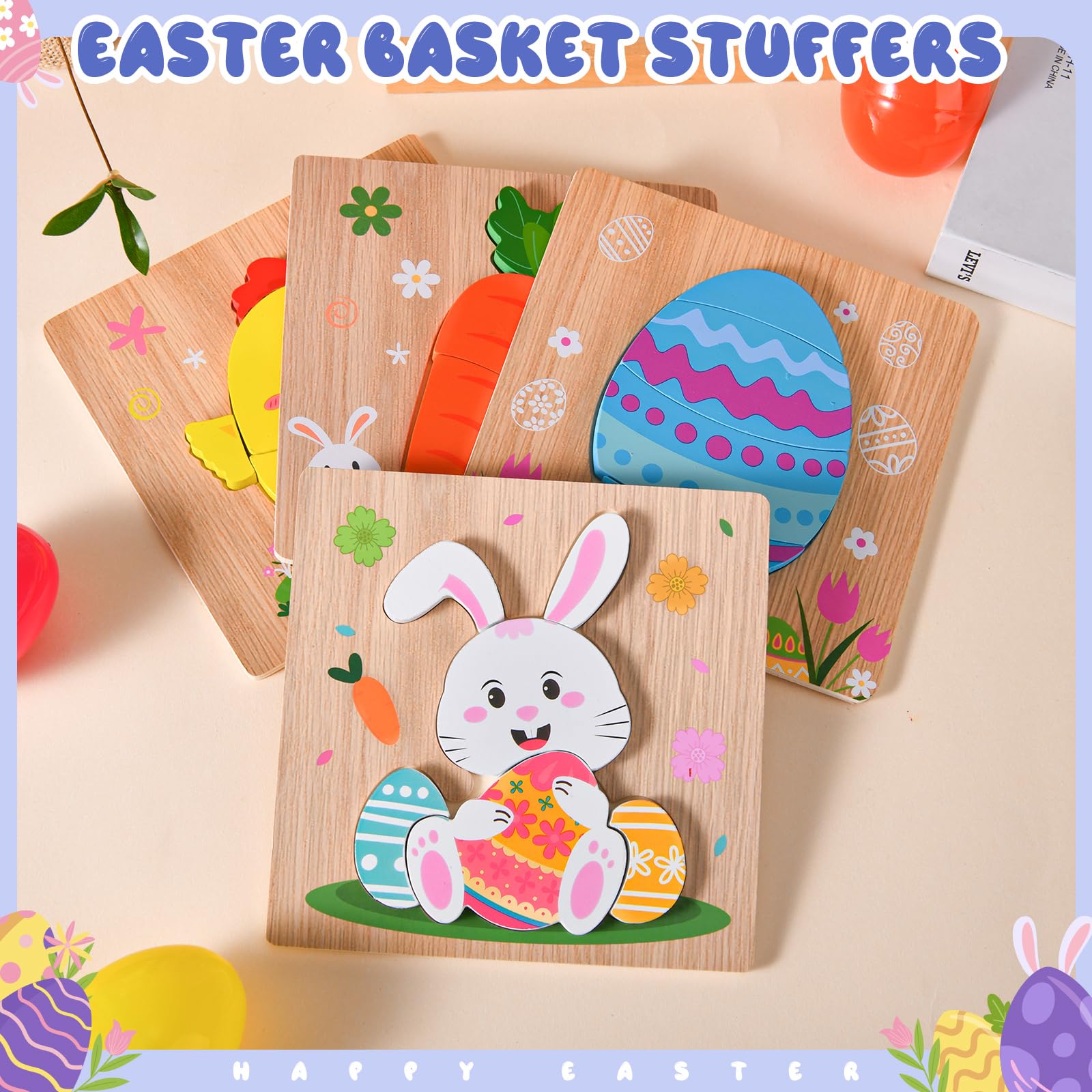 YBSOP Easter wooden puzzle pack image shows four designs for versatile party fun.