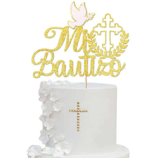 YCTHUNFISH glitter cross cake topper on a cake for first communion celebrations.