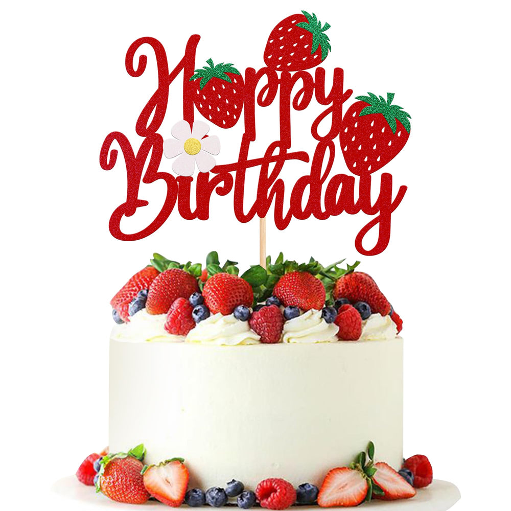YCTHUNFISH Happy Birthday cake topper glitter strawberry for an eye-catching dessert