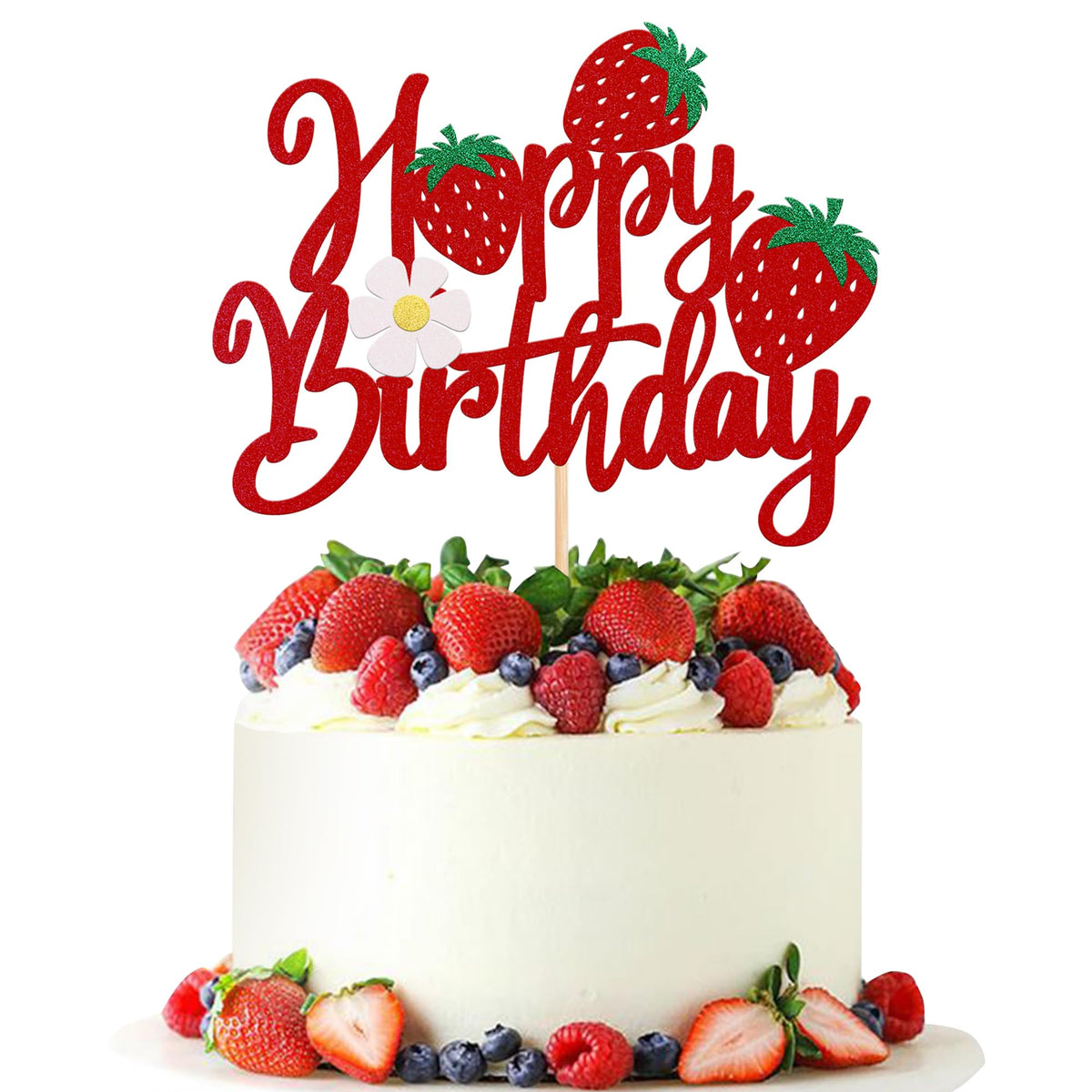 YCTHUNFISH Happy Birthday cake topper glitter strawberry for an eye-catching dessert