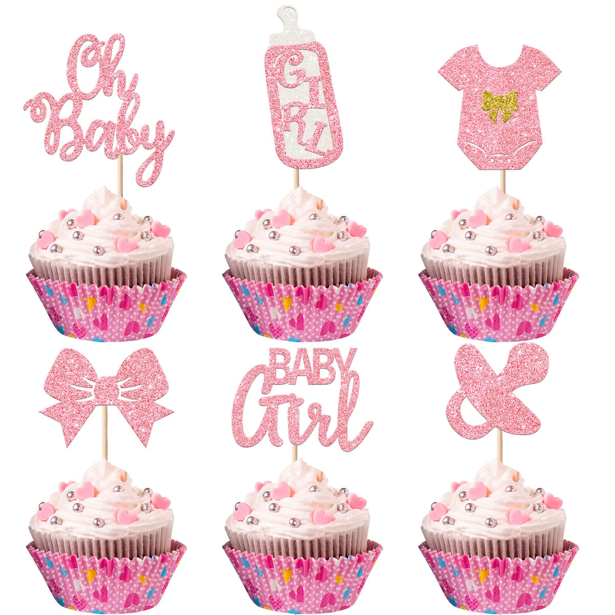 YCTHUNFISH It's a Girl cupcake toppers add glittery pink flair to baby shower treats.