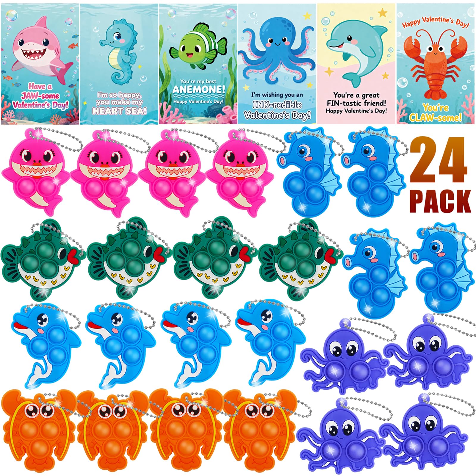 YCWKXJC ocean animal valentines cards 24-pack, candy-free classroom gift option