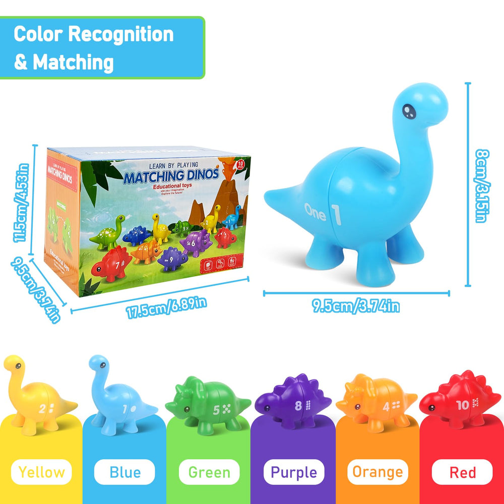 Colorful dinosaur pieces for sorting by color, shape, and number during hands-on learning.