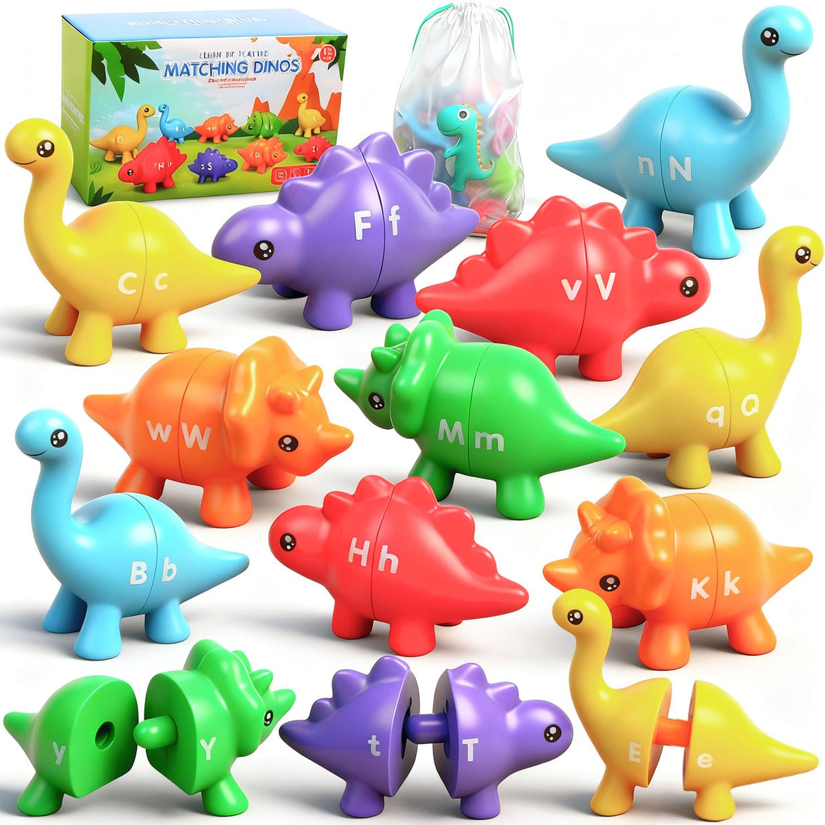Yeahbof Letters Matching Dinosaur Set with 13 colorful dinosaurs for alphabet learning.