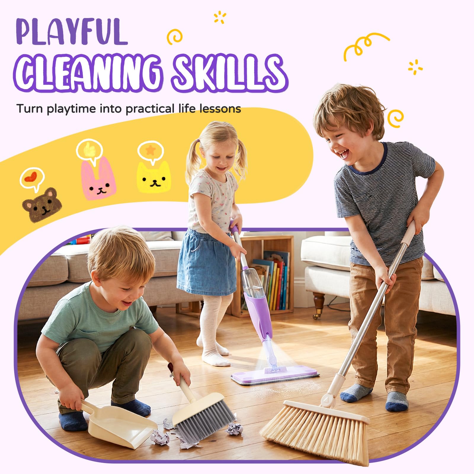Yeeammk child play scene showing role-play cleaning and family bonding