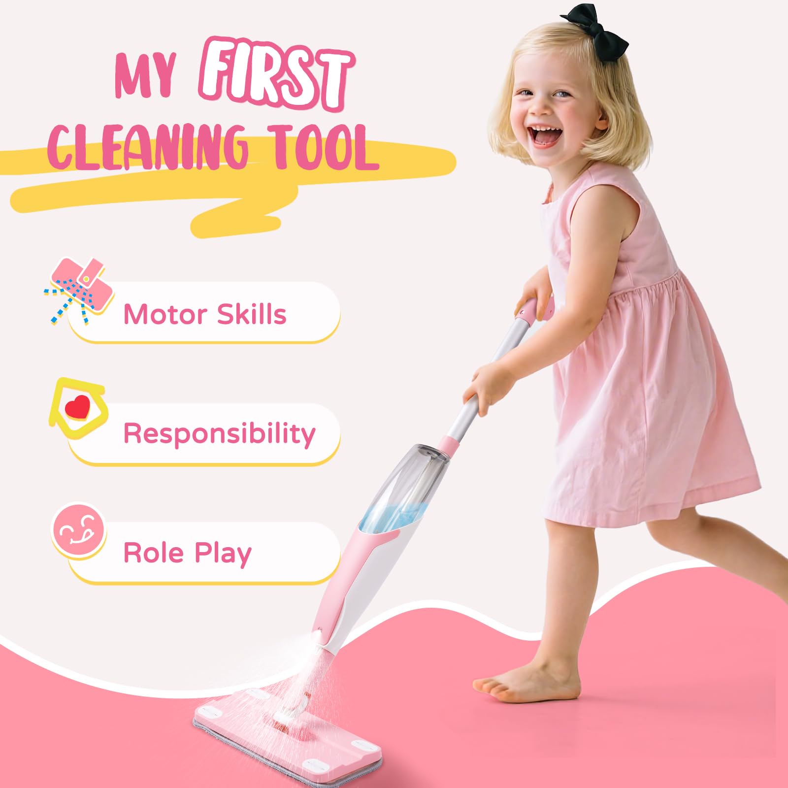 Yeeammk child-safe plastic mop highlights smooth edges and durability.
