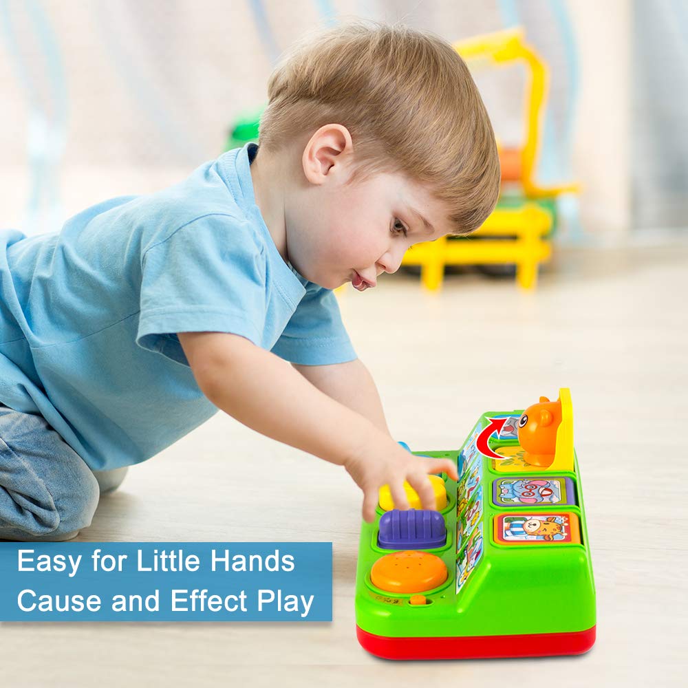 Animal pops up and emits playful animal sounds for stimulation