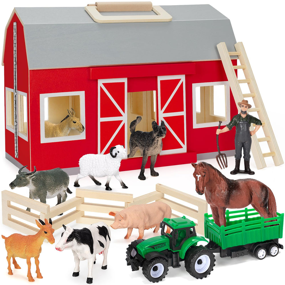 YEEBAY farm animals toys wooden barn with figures for imaginative, screen-free play.