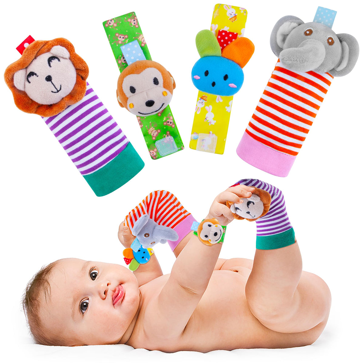 Yeeeasy baby rattle socks with wrist strap closeup showing bells for sensory play