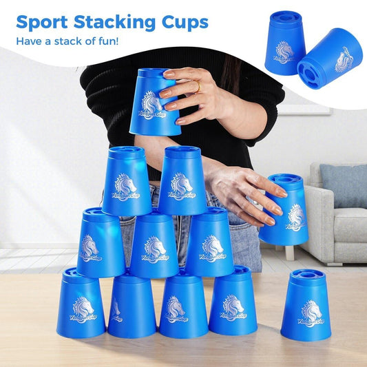 yeesport blue and green stacking cups in action demonstrating quick stacking