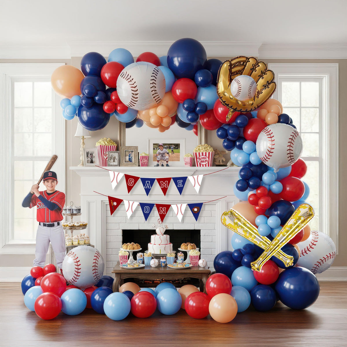Yeewaka baseball balloon garland arch creates a vibrant backdrop for sports celebrations.