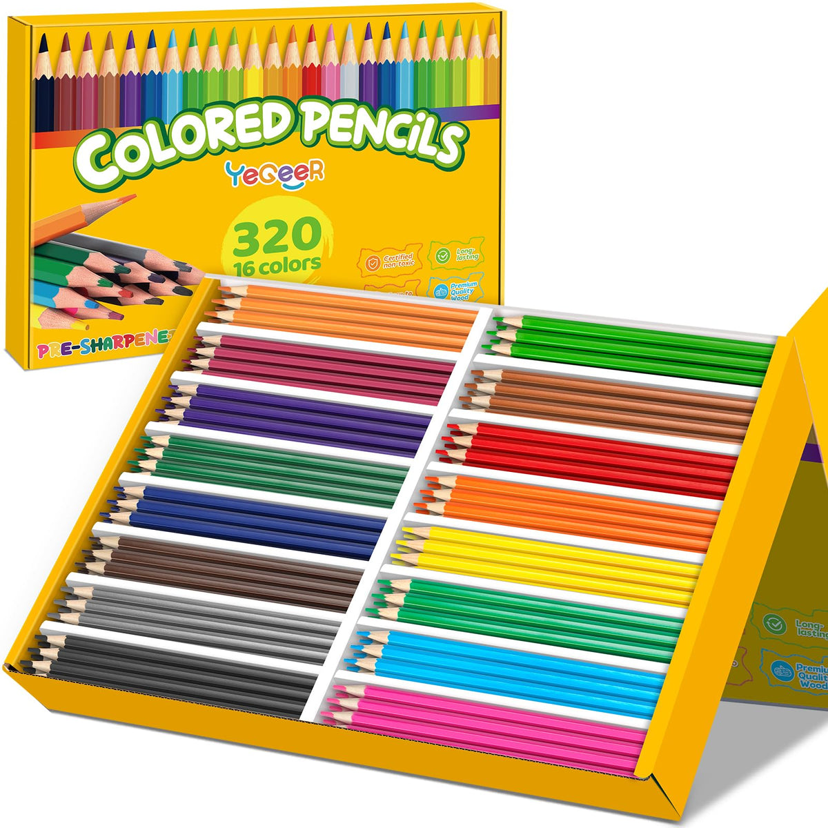 YEGEER 320-count colored pencils bulk box front for classroom use and group projects