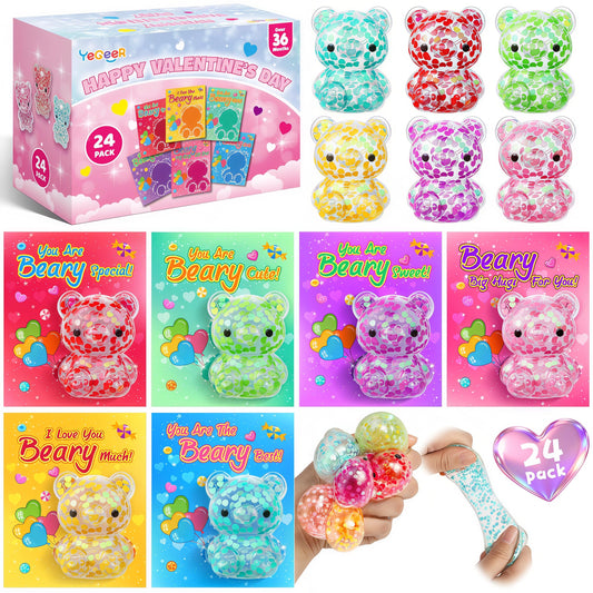 YEGEER Valentines bears and cards set shown in gift box, ideal for classroom gifts.