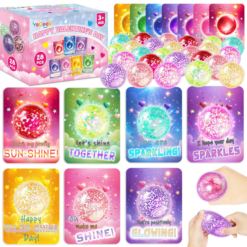 YEGEER Valentines cards and stretchy balls set, ideal for classroom exchanges.