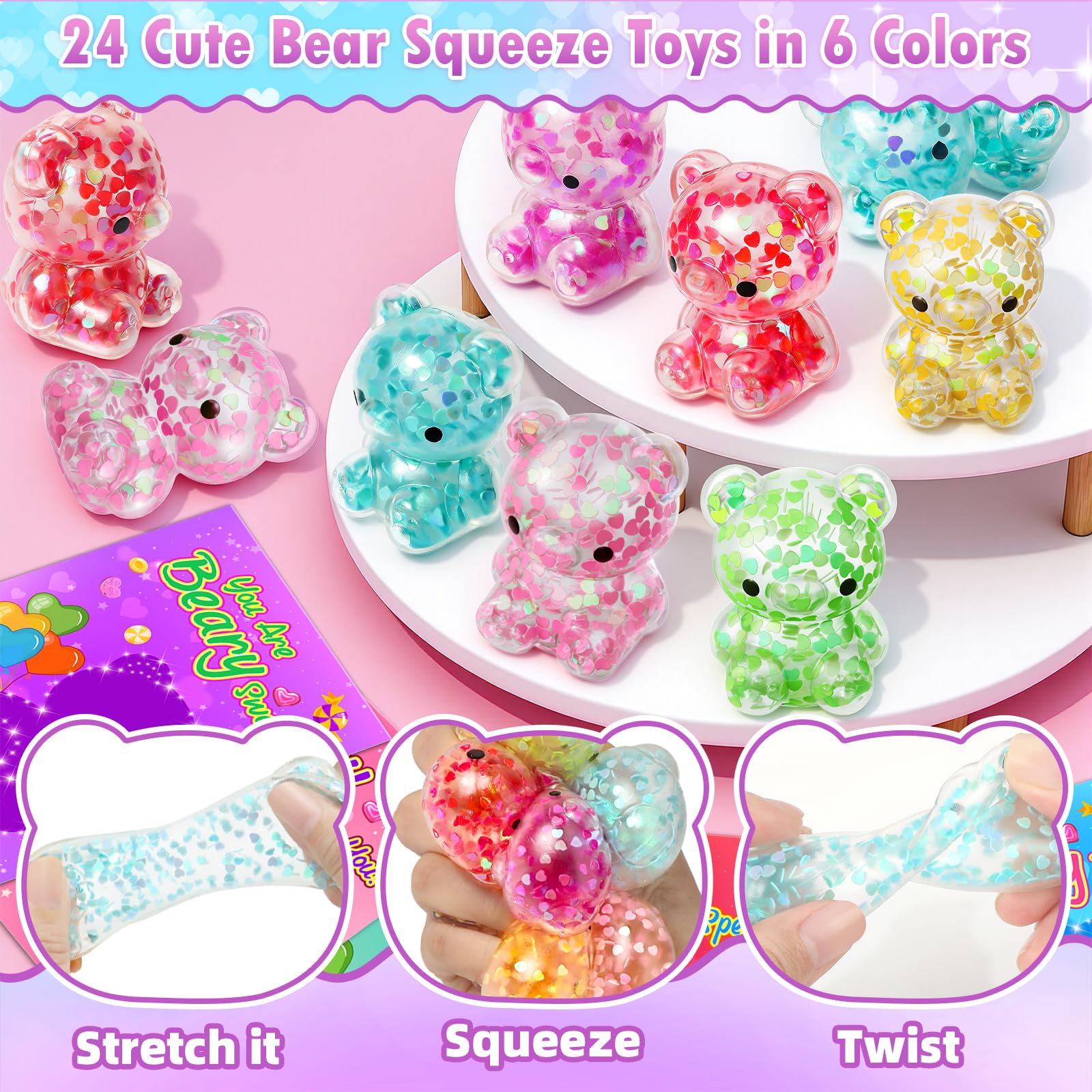 YEGEER stretchy bears close-up highlighting sparkling sequins for kids' tactile play.