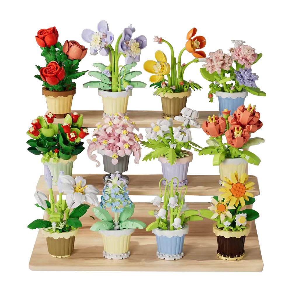 YEIBOBO 12-piece flowers building set assembly shows vibrant mini blooms for home decor.