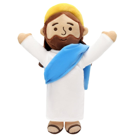 Yelakey 13-inch Jesus plush with white robe and blue shawl for Easter decor